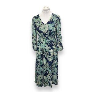 Julian Taylor Womens Floral Midi Dress Size 4 V-Neck Long Sleeve Blue & Green Ma